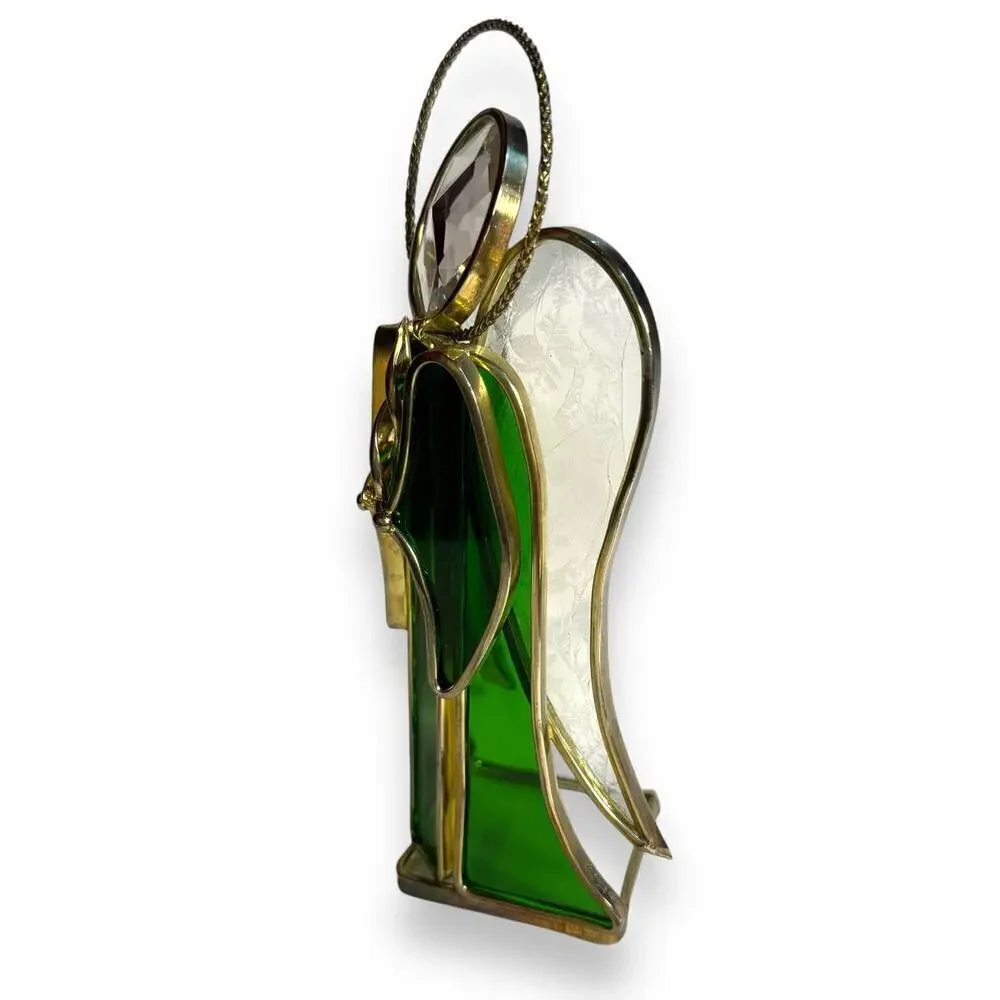 VTG Green Stained Glass Gold Tone Angel Candle Votive Holder Signed Leny 1979